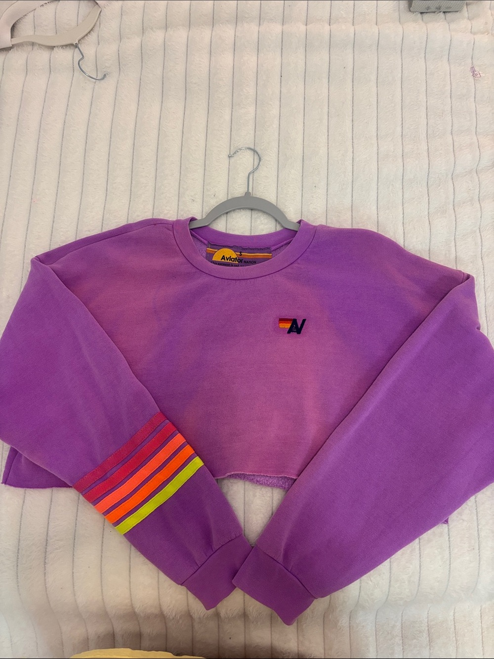 Aviator Nation Lilac Cropped Crewneck with Neon Stripe Sleeve
